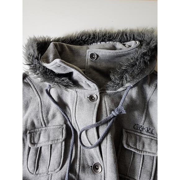 EZEKIEL Gray Military Style  Skater Casual Faux Fur Lined Hoodie Jacket SZ L - Picture 9 of 10
